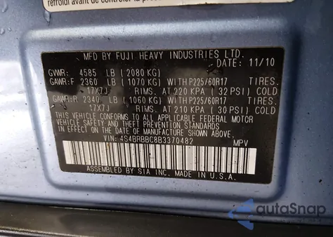 2011 Subaru Outback 2.5I Premium z USA, uszkodzony, nr VIN 4S4BRBBC8B3370482